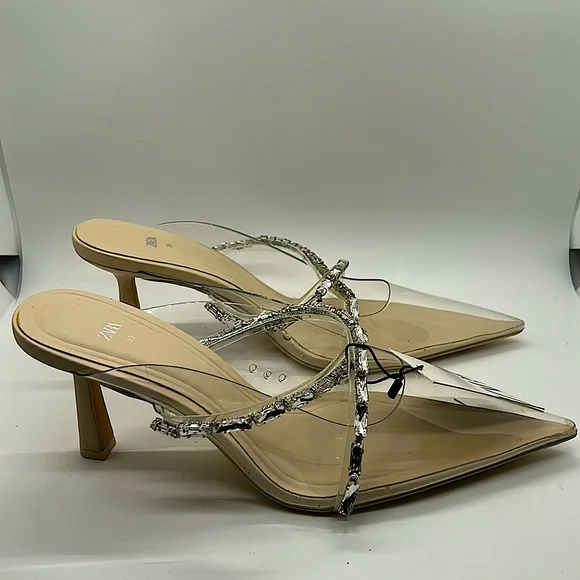 Zara Glitzy See Through Pointed Toe Jeweled Sandals Shoes **Sz 38/US Sz 8** 🔥🔥 - Picture 3 of 5